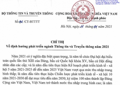 Chỉ thị số 01/CT-BTTTT về định hướng phát triển Ngành Thông tin và Truyền thông năm 2021